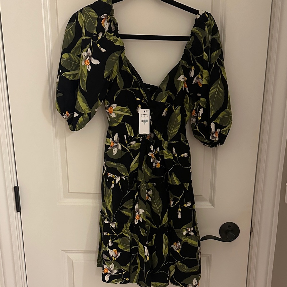 Express Black One Shoulder Dress with Floral Design